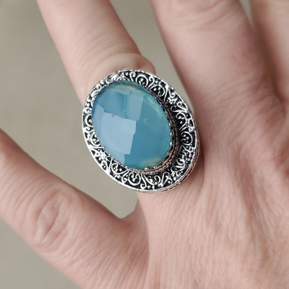 New Huge Faceted Chalcedony 925 Silver Statement Ring. - Picture 2 of 16